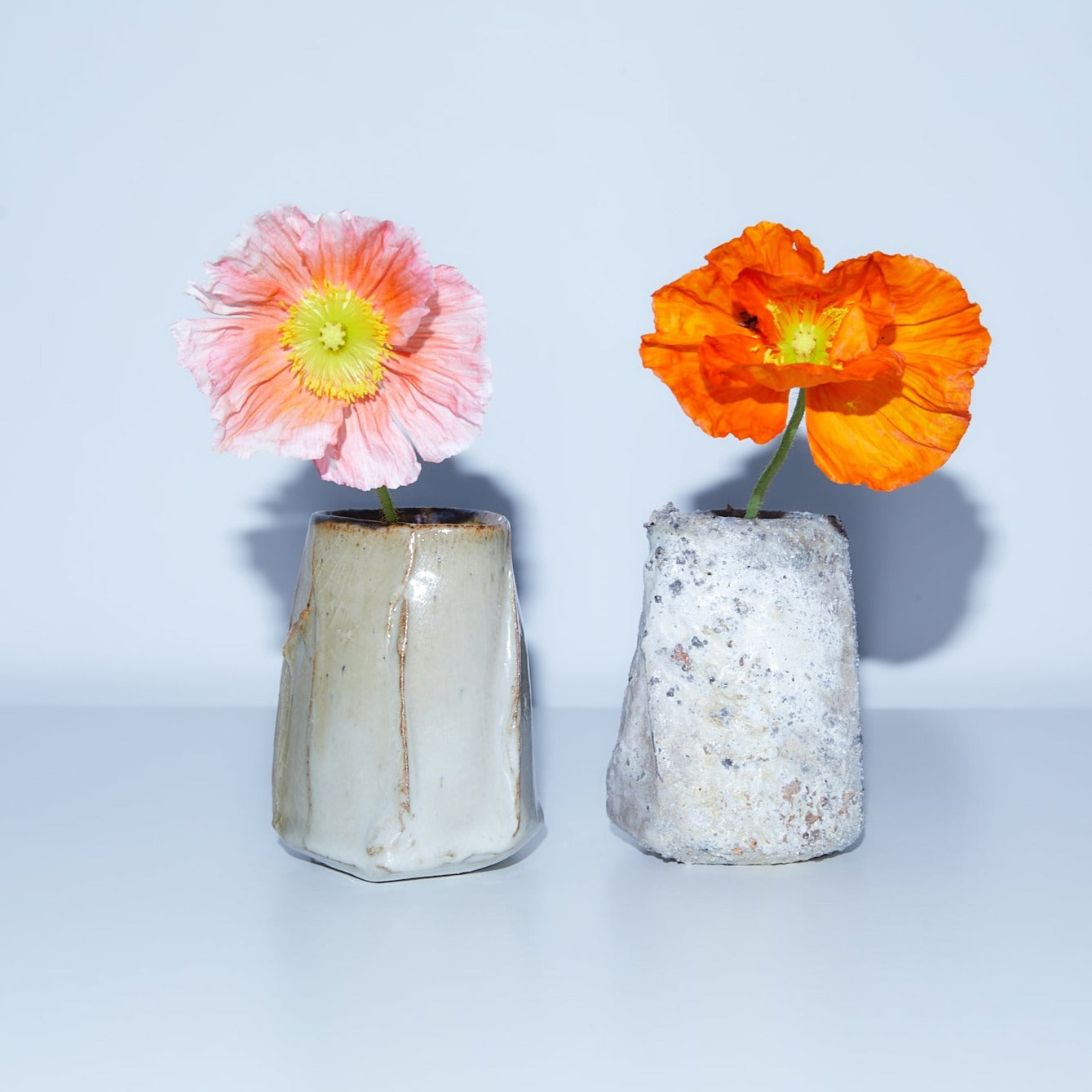 two poppies in hand thrown vases | Braer studio pottery