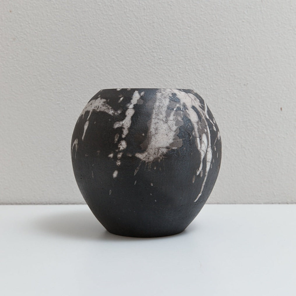Large round black splatter raku vase | Braer Studio